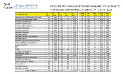 INDICE DE FREQUENCE (IF) ET DUREE MOYENNE DE L'INCAPACITE TEMPORAIRE (DMIT) PAR SECTEUR D'ACTIVITE 2018 - 2022